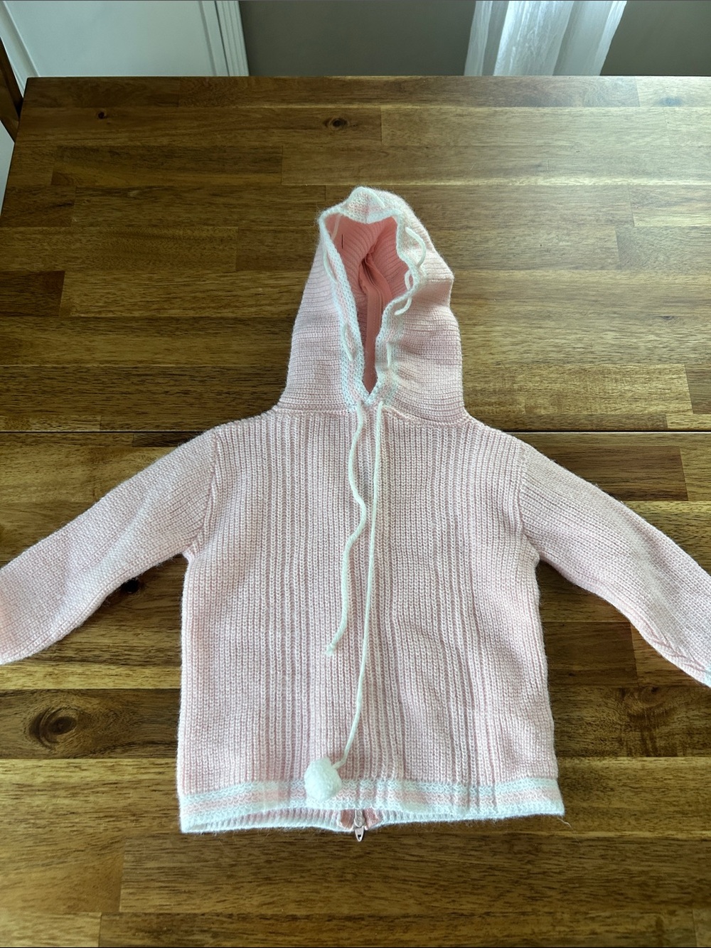 Vintage Baby Girl Blue Bird Pink Knit Hoodie with Pom Drawstring